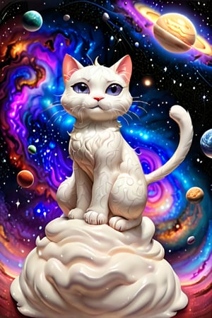 Very detailed and high quality masterpiece, full body cream white cat cartoon, universe background