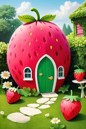 In the middle of a lush green lawn stands a fairy-tale house made in the shape of a huge strawberry. The exterior of the house is made up of large red strawberries, with tiny yellow seeds shining on them. There is a roof made of green leaves on top of the strawberry house, the leaves cover the house like an umbrella. The house has a round, candy pink door and the windows on either side are round, with white frames. Small flowers in pots bloomed in front of the windows.

In the garden right in front of the strawberry house, cute creatures made of watermelon wander around. These creatures have bodies shaped like tiny watermelon slices and huge smiling faces. Watermelon rinds are green and the insides are sweet pink, and the seeds are used as eyes. Some of the creatures are sitting on the ground, while others are jumping merrily or playing with each other. Some are holding daisy flowers in their tiny hands, while others are having fun with toys made of tiny strawberries and grapes lying next to them.