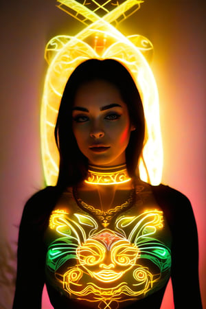 a mystical woman with a glowing face, adorned with bioluminescent patterns. The atmosphere is surreal and filled with wonder. "Ab Art Lab" text on chest