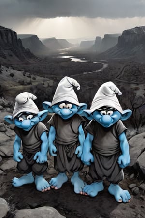 A haunting shot of the evil smurfs in shades of grey, illuminated by a dull, overcast sky. They stand amidst a desolate landscape, their gray skin glistening with a faint sheen. The worn white hats on their heads appear stained with subtle black streaks, adding to their sinister aura.

The camera captures their cold, expressionless eyes, hiding malevolent intentions beneath the surface. Sharp teeth and menacing smiles betray their evil nature, as if they're plotting something devious. Tattered, dark grey clothing suggests involvement with darker forces.

As you draw closer, the air thickens with an unsettling energy, sending shivers down your spine. The overall atmosphere is one of foreboding dread, as if the smurfs are waiting for the perfect moment to unleash their evil upon the world.