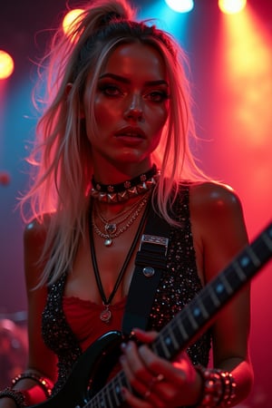 In a vibrant, pulsating light, a stunning model stands center stage at the Woodstock Music and Art Fair, surrounded by the energy of a punk rock band. She wears a bold, '80s-inspired costume, complete with piercing jewelry and spiked accessories that add to her edgy charm. Her sweat-glistened skin glistens like polished marble as she strums an electric bass guitar, her shiny lips painted with vibrant red lipstick matching the intensity of her gaze. Her eyes, framed by thick lashes and black eyeliner, sparkle like gemstones beneath a bold, golden eyeshadow. As the camera captures her every movement in ultra-high definition (16k UHD), the model's beautiful face, hair, and skin seem to leap off the screen, bathed in an intense, cinematic lighting that highlights her every feature with precision and detail. The resulting image is a true masterpiece of realism, with its black-and-white color palette and golden ratio composition creating a visually stunning portrait that demands attention.