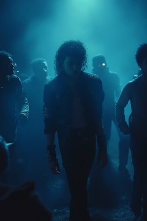 a cinematic music video still shot of Thriller. Michael Jackson performs a thriller dance with zombies.full_body.a dark light.dark blue and thick fog..extreme realism, real life, realistic image, high-quality lighting,16k UHD.aesthetic,film,(realistic face),realistic eyes,(realistic skin),ultra high res, ultra realistic, hightly detailed,golden ratio,MJBAD87,plain87,subway87