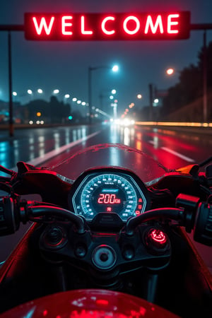 A breathtaking shot of the Ducati Panigale V4 speeding down a rainy highway at 200 km/h under the cover of darkness. The digital instrument panel gleams with a photorealistic display of the speedometer reading 200K, surrounded by a neon-lit welcome sign in bold red letters. The bike's trajectory is illuminated by the city lights, casting a dynamic glow on the wet asphalt. Framed perfectly within the golden ratio, this stunning image captures the essence of high-speed riding, with every detail meticulously rendered in ultra-high resolution.