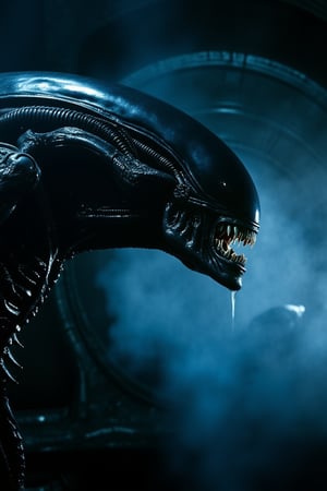 a cinematic movie still shot of xenomorph in spaceship.drooling chin.wet_skin,The interior of the spacecraft became xenomorphic.biomechanical style,extreme realism, real life,realistic image, high-quality lighting,16k UHD,film,realistic eyes,(realistic skin),ultra high res, ultra realistic, hightly detailed,golden ratio,a dark light.dark blue light and thick fog.style of H. R. Giger