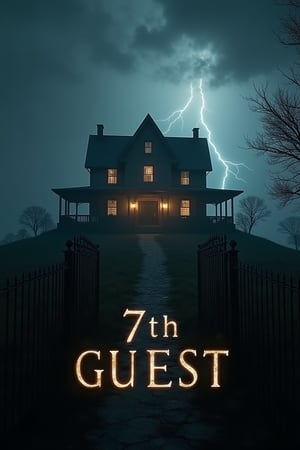 a cinematic movie game screen shot of 7th guest.A house on a hill with a dreary atmosphere. Lightning in the sky. "7th GUEST" is displayed at the bottom of the text.the front of an image decorated with iron doors,extreme realism, real life, realistic image, high-quality lighting,16k UHD.aesthetic,film,ultra high res, ultra realistic, hightly detailed,golden ratio.