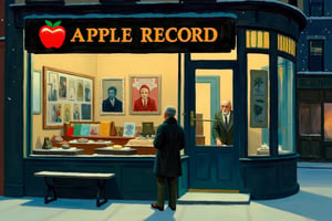 oil painting style of Edward Hopper Art. A boy is standing in front of the record shop window on a cold winter night.The record store sign says APPLE RECORD,There are posters of famous artists in the show window.An old man wearing glasses is smoking in front of the door of a record store.An EdwardH0pp3r style painting,EdwardH0pp3r style,EdwardH0pp3r.