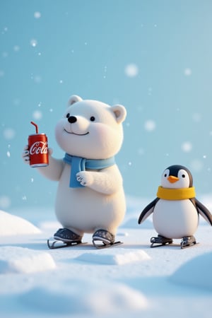 3D Character of a cute polar bear drinking cola.penguin skates with a yellow turtleneck.backgroud is a snowy arctic island.snowing.extreme realism,real life,realistic image, high-quality lighting,16k UHD,ultra high res, ultra realistic, hightly detailed,