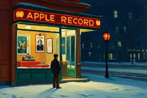 oil painting style of Edward Hopper Art. A boy is standing in front of the record shop window on a cold winter night.The record store sign says APPLE RECORD,There are posters of famous artists in the show window.An EdwardH0pp3r style painting,EdwardH0pp3r style,EdwardH0pp3r.