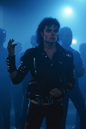 a cinematic music video still shot of Thriller. Michael Jackson dances to beat it with the gang.full_body.blue and thick fog.extreme realism, real life, realistic image, high-quality lighting,16k UHD.aesthetic,film,(realistic face),realistic eyes,(realistic skin),ultra high res, ultra realistic, hightly detailed,golden ratio,MJBAD87,plain87,subway87