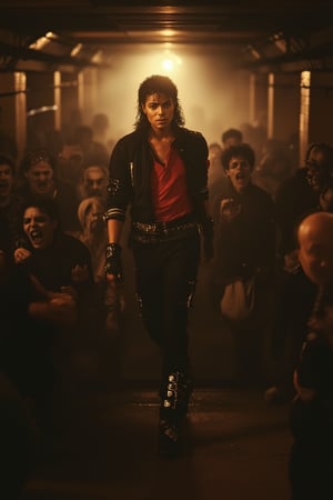 In a dimly lit, abandoned subway tunnel, Michael Jackson's full-body figure comes into frame, surrounded by hordes of undead zombies. His iconic Thriller dance pose fills the shot, with a eerie golden lighting casting long shadows on the walls. The camera captures every detail of his realistic face, eyes, and skin, as if frozen in time. The image is rendered in stunning 16k UHD, with an aesthetic reminiscent of film noir. Every aspect, from MJ's dance moves to the zombies' slow-motion groaning, is executed with extreme realism, making it a hauntingly beautiful still shot from the cinematic music video.