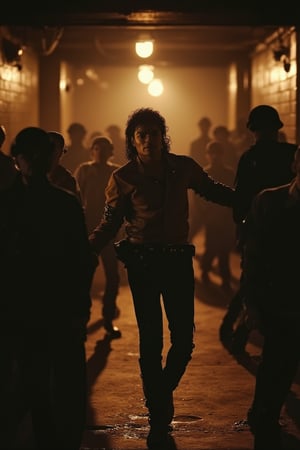 In a dimly lit, abandoned subway tunnel, Michael Jackson's full-body figure comes into frame, surrounded by hordes of undead zombies. His iconic Thriller dance pose fills the shot, with a eerie golden lighting casting long shadows on the walls. The camera captures every detail of his realistic face, eyes, and skin, as if frozen in time. The image is rendered in stunning 16k UHD, with an aesthetic reminiscent of film noir. Every aspect, from MJ's dance moves to the zombies' slow-motion groaning, is executed with extreme realism, making it a hauntingly beautiful still shot from the cinematic music video.