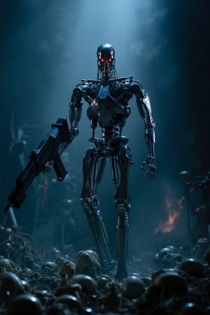 a cinematic movie screen shot of Terminator2.a steel mill.The machine's face was exposed on the half-peeled skin of the T800.eyes red light grows.his hand holding machine gun.There is a blue electric spark coming from body.extreme realism, real life,realistic image, high-quality lighting,16k UHD.aesthetic,film,(masterpiece:1.3), (8k, photorealistic, RAW photo, best quality: 1.4),ultra high res, ultra realistic, hightly detailed.,T800 robot walking.a dark light.He stands on a tomb made of human skulls.