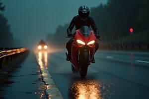 A sultry Russian supermodel, drenched in the rain, revs up her Ducati Panigale V4 on a dark expressway. The headlight's beam casts an eerie glow on the wet asphalt as she zooms by, her motorcycle suit clinging to her curves. Her beautiful face, with realistic features and piercing eyes, glistens under the misty veil. Golden ratio perfection is evident in every frame of this high-stakes, high-quality image, rendered in 16K UHD with ultra-realistic lighting and details that leap off the screen.