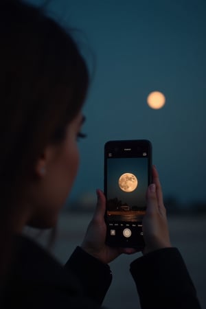 a proffesional photograph shot of A woman filming the moon with her smartphone.It is clearly visible by magnifying the moon of the smartphone screen.extreme realism, real life, realistic image, high-quality lighting,16k UHD.aesthetic,film,ultra high res, ultra realistic, hightly detailed,golden ratio.upper body.