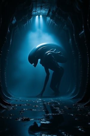 A cinematic shot of a xenomorph emerging from an eerie darkness within the confines of its own skeletal form, nestled inside a spacecraft. The air is thick with mist as the creature's movements are illuminated by a faint blue warning light suspended above, casting an otherworldly glow. Wet floors glisten in the dim light, and every detail is rendered in ultra-high definition, 16k UHD perfection, evoking an sense of realism and unease.,biomechanical style,style of H. R. Giger