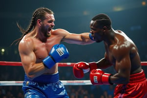 a professional photograph showcasing a american super heavy boxing man fighters(white_skin,crown_braid,blue pants,blue glove),(black_skin,short hair,red pants,red glove),a boxing stadium.he screaming,His powerful right straight hits his opponent(very short hair) in the face. The opponent's player's hair is bent and sweat is sprinkled.The crowd's camera flesh light grows up.wet_body,sweating and shiny,intense eye,extreme realism, real life,realistic image, high-quality lighting,16k UHD.aesthetic,film,ultra high res, ultra realistic, hightly detailed.