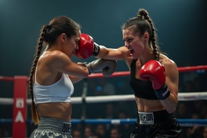 a professional photograph showcasing a russian super sexy boxing fighter,a boxing stadium.she screaming,Her powerful right straight hits her opponent(short_hair,black_hair,black crop top, black pants) in the face. The opponent's female player's hair is bent and sweat is sprinkled.The camera flash light.crown_braid,white_skin.she were white crop top, grey tight_pants.wet_body,sweating and shiny,intense eye makeup,red lips,extreme realism, real life,realistic image, high-quality lighting,16k UHD.aesthetic,film,ultra high res, ultra realistic, hightly detailed.