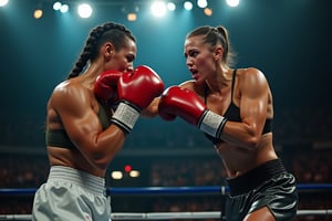 In a dimly lit boxing stadium, the Russian super sexy fighter unleashes a powerful right straight that crashes into her opponent's face. Her opponent, a formidable female boxer with short black hair and a crown braid, sports a wet and shiny body, sweat glistening on her skin as she's caught off guard by the sudden attack. The crowd's camera flashes illuminate the scene, casting an intense glow on the fighters' faces. Her own white crop top and grey tight pants hug her toned physique, while her opponent's black crop top and pants leave little to the imagination. With a fierce cry, our Russian boxer stands victorious, her intense eye makeup and red lips adding to her intimidating presence as she gazes down at her defeated foe. The image is rendered in stunning 16K UHD with ultra-high detail, capturing every nuance of this high-stakes boxing match.back focus.