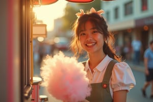 A warm afternoon sun casts a golden glow on the bustling street scene as a sweet-faced girl in a maid's uniform beams with delight, her hands skillfully crafting fluffy cotton candy at a vintage-style food truck. She wears black Dr. Martens boots and a charming smile that lights up the surroundings. Framed by the vibrant colors of the food truck, she takes center stage against a soft pastel tone background, compositionally balanced to fit the golden ratio. High-quality lighting captures every detail, from the delicate wisps of cotton candy to the girl's joyful expression, as if captured on analog film.