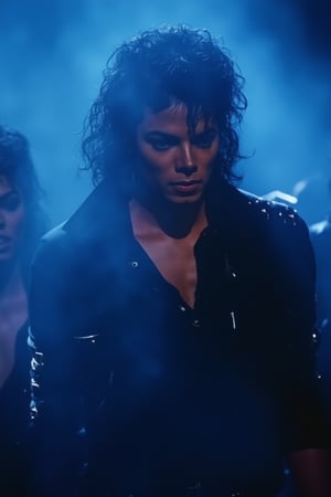 Michael Jackson stands center-frame, his full body illuminated by a dark blue haze. Thick fog swirls around him, as he performs the iconic Thriller dance with undead companions. His realistic face is aglow with a subtle sheen, framed by a beautiful hairstyle that seems to defy gravity. Eyes that are both mesmerizing and haunting gaze out, surrounded by skin that appears almost... human. The extreme realism of this 16k UHD image is nothing short of breathtaking, as if captured from the film itself. The golden ratio guides our attention to MJ's striking visage, set against a backdrop of eerie darkness.