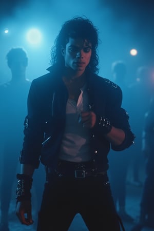 a cinematic music video still shot of Thriller. Michael Jackson dances to beat it with the gang.full_body.blue and thick fog.extreme realism, real life, realistic image, high-quality lighting,16k UHD.aesthetic,film,(realistic face),realistic eyes,(realistic skin),ultra high res, ultra realistic, hightly detailed,golden ratio,MJBAD87,plain87,subway87