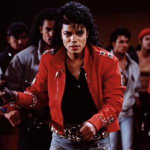 a cinematic music video still shot of Thriller.in super ball concert hole. Michael Jackson dances to beat it with the gang.full_body.extreme realism, real life, realistic image, high-quality lighting,16k UHD.aesthetic,film,(realistic face),realistic eyes,(realistic skin),ultra high res, ultra realistic, hightly detailed,golden ratio,MJBAD87,plain87,subway87