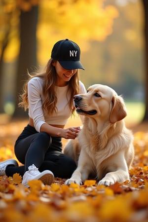 A professional Photograph shoot of girl(19yo) and Golden Retriever a park in autumn . The girl touches the belly of a golden retriever lying down. There are many ginkgo leaves on the floor. The warm autumn sun shines on the girl and the dog.she were balck cap, white crop top, black leggings,white sneakers.she happy face. cap text"NY".extreme realism, real life,realistic image, high-quality lighting,16k UHD.aesthetic,film,ultra high res, ultra realistic, hightly detailed.