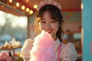 a professional snap shot a super cute girl,brush,she smile and working food truck,her hands Cotton candy,she were maid_uniform,dr martens black boots,extreme realism,real life,realistic image,high-quality lighting.aesthetic,analog film,hightly detailed,golden ratio,Pastel tone.