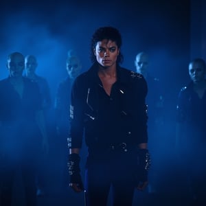 Michael Jackson stands center-frame, his full body illuminated by a dark blue haze. Thick fog swirls around him, as he performs the iconic Thriller dance with undead companions. His realistic face is aglow with a subtle sheen, framed by a beautiful hairstyle that seems to defy gravity. Eyes that are both mesmerizing and haunting gaze out, surrounded by skin that appears almost... human. The extreme realism of this 16k UHD image is nothing short of breathtaking, as if captured from the film itself. The golden ratio guides our attention to MJ's striking visage, set against a backdrop of eerie darkness.