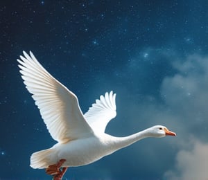 In a distant dreamland, White Roman geese fly lightly among the stars, their silver-white wings as soft as mist, blowing in the breeze, like a twinkling starlight. Each feather shimmers with dreamy light, like stardust floating in the night sky. It spreads its wings and soars into the boundless clouds under the guidance of the moonlight, as if traveling through time and space and arriving at a boundless dream world. Under this beautiful starry sky, White Roman Goose feels unprecedented tranquility and freedom. As the night goes by, every dream is woven into the infinite stars.