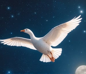 In a distant dreamland, White Roman geese fly lightly among the stars, their silver-white wings as soft as mist, blowing in the breeze, like a twinkling starlight. Each feather shimmers with dreamy light, like stardust floating in the night sky. It spreads its wings and soars into the boundless clouds under the guidance of the moonlight, as if traveling through time and space and arriving at a boundless dream world. Under this beautiful starry sky, White Roman Goose feels unprecedented tranquility and freedom. As the night goes by, every dream is woven into the infinite stars.