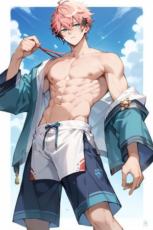 score_9, score_8_up, score_7_up, masterpiece, best quality, 1boy, male focus, black hair, blue eyes, looking at viewer, sweating, multicolored hair, abs,pink hair,akagi_wen