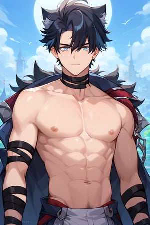 score_9, score_8_up, score_7_up, masterpiece, best quality, 1boy, male focus,  short-hair, blue eyes, looking at viewer, not shirt, multicolored hair, abs,black hair,Wriothesley