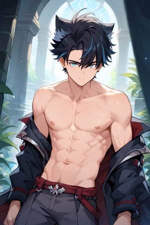 score_9, score_8_up, score_7_up, masterpiece, best quality, 1boy, male focus,  short-hair, blue eyes, looking at viewer, not shirt, multicolored hair, abs,black hair,not pants,Wriothesley