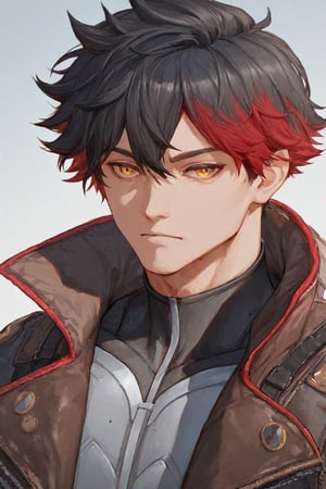  score_9, score_8_up, score_7_up, male, close up portrait,  tech armor,  leather gloves,  bomber jacket, split-color hair, golden eyes, pale.  black hair, red hair,  medium hair, wild hair,csr style