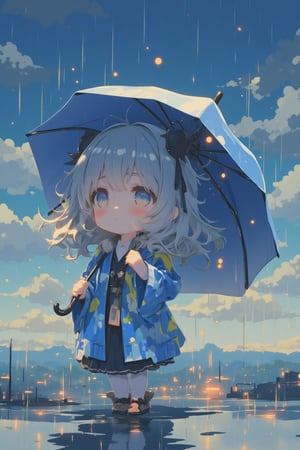 a girl, standing, holding a umbrella, rain, lookup the sky,chibi,lyh_nendo,lyh_niji