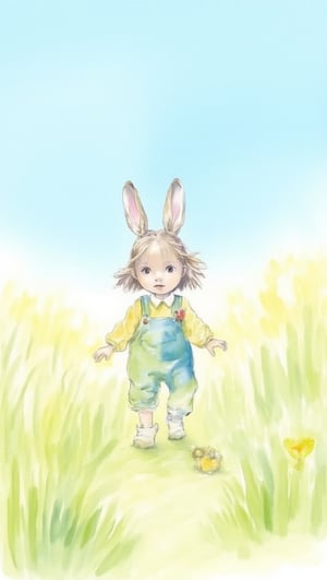  watercolor, bunny toddler girl in kindergarten lightblue smock walking fields, background blue sky