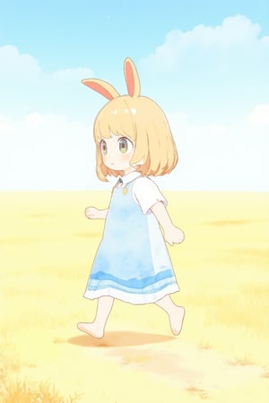 watercolor, bunny toddler girl in kindergarten lightblue smock walking fields, background blue sky,anya