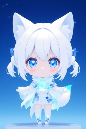 chibi girl, front view, .Anthropomorphized fox Girl:Pure white hair tied into high twin ponytails, with a blue sheen at the ends Blue eyes, like stars shining in the night sky White clothing featuring a blue glowing moon pattern on the chest A translucent fiber optic skirt with blue LED lights, mimicking the starry sky Light and semi-transparent white shawl embroidered with blue crescent moons and stars Two pairs of white fox ears and a long fox tail, with a blue LED light at the tip of the tail Boots adorned with blue fiber optics, giving a futuristic feel White fingertip touchscreen gloves.full body,chibi, sanrio style, flat 2D colour,lyh_nendo