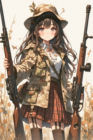 anime illustration,16 years old girl hunting with rifle,opening day of hunting season,detailed background,black hair or brown hair,wearing plaid skirt,white blouse with ribbon,camouflage,camouflage jacket,very cute pupils,magazine cover,the cutest face ever drawn,full body,photogravuer,standing,watercolor painting,lyh_niji