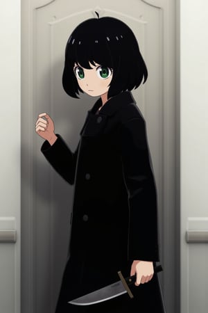 short black hair with black eyes wearing a black coat while wielding a machete in hand, age around 22 years old,anya