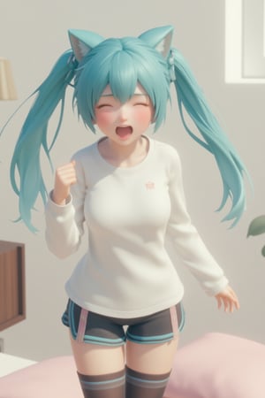 1girl,PVC,Hatsune Miku Resin Figure, poses cutely while yawning loudly. Hatsune Miku has blue-green twin tails with cat-like ears and wears a white long-sleeved shirt with a small Miku logo on the chest. Miku is also wearing black shorts with soft pastel stripes and thigh-high socks,open eyes, Her eyes and mouth are slightly open, making her look sleepy. The background has a soft and minimalist atmosphere, giving her an adorable look and a cozy feeling. Masu. Emphasizes a relaxed atmosphere.