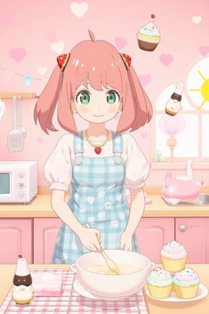 1girl,vtuber anime character design, adorably kawaii girl cooking in a pastel pink kitchen. She wears a puffy-sleeved dress with a heart-patterned, frilly gingham apron in baby blue and white. Her rosy cheeks dimple as she smiles sweetly, eyes sparkling like stars. Fluffy pigtails tied with oversized polka-dot bows bounce as she stirs a bowl. Colorful, star-shaped sprinkles float magically around her. She wears strawberry-shaped earrings and a cupcake necklace. The kitchen is decorated with smiling anthropomorphic utensils and appliances. A happy sun peeks through heart-shaped windows. Pastel rainbow-colored cupcakes cool on the counter. Tiny, kawaii animals in chef hats assist her,anya