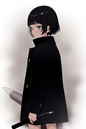 short black hair with black eyes wearing a black coat while wielding a machete in hand, age around 22 years old,(gura:0.8)