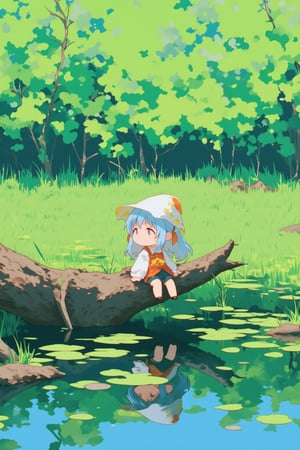 a woman sitting on a log in a swamp,anime,lyh_niji,chibi,lyh_nendo