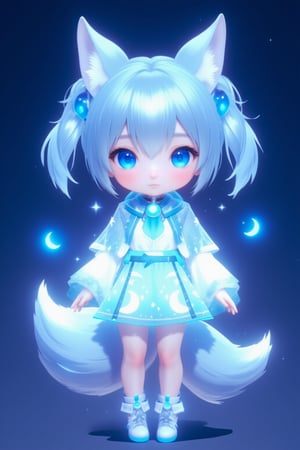 chibi girl, front view, Anthropomorphized fox Girl: Pure blue hair tied into high twin ponytails, with a blue sheen at the ends Blue eyes, like stars shining in the night sky White clothing featuring a blue glowing moon pattern on the chest A translucent fiber optic skirt with blue LED lights, mimicking the starry sky Light and semi-transparent white shawl embroidered with blue crescent moons and stars Two pairs of white fox ears and a long fox tail, with a blue LED light at the tip of the tail Boots adorned with blue fiber optics, giving a futuristic feel White fingertip touchscreen gloves.full body,chibi, sanrio style, 3D colour