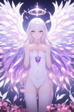 The image is a detailed, fantasy-themed anime illustration featuring a divine being with pale skin, heterochromatic eyes, and long white hair with purple and gold accents. The character wears elaborate attire and jewelry, with large angelic wings that blend into flower petals or magical energy. The background is abstract and dream-like, with floating feathers, flower petals, and glowing orbs. The color palette is dominated by purples, whites, and golds, creating a mystical and ethereal atmosphere. The illustration blends traditional anime with ornate fantasy art, emphasizing beauty, magic, and transcendence.