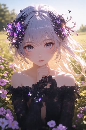 (Stunning illustration of upper body and close-up face of a little cute girl.:1.8), masterpiece. anime. bewitching color, depth of field, soft lighting, sharp focus,face focus, In a sprawling, sun-drenched wildflower meadow, a highly intricate and fantastical portrait comes to life, featuring a mysterious, ethereal character with a surreal, insect-inspired aesthetic. The soft, golden rays of the sun cast a warm glow over the scene, illuminating the delicate porcelain-pale skin of the character, while gentle breezes carry the sweet fragrance of blooming wildflowers and fresh grass. This serene environment contrasts with the character’s striking appearance, creating an enchanting juxtaposition. The character’s silvery-lavender hair flows like a silken waterfall around their face and shoulders, caught playfully by the breeze. As the character lifts their chin, sunlight filters through the strands, casting shimmering reflections of lavender hues, which dance in the air like ethereal wisps. Their large, expressive eyes, an otherworldly shade of pale opalescence, draw the viewer in, with long, fine eyelashes that flutter like delicate wings, adding an air of fragility and dreaminess to their gaze. The evening light plays softly across their face, accentuating the slender curve of their cheekbones and hinting at a quiet melancholy that envelops them. Dressed in an elaborate, gothic-inspired garment that billows gently in the wind, the character embodies elegance and grace. The dark fabric is adorned with intricate lace-like patterns etched in shimmering silver and white, catching glimmers of light as they move. Elegant embroidery swirls around the collar and shoulders, showcasing detailed floral and vine motifs that mirror the natural beauty of the surrounding meadow, further blending the character into this magical landscape. From their back extend large, translucent wings resembling those of a delicate moth or dragonfly. These magnificent wings glisten with an iridescent sheen, shifting subtly from pastel purples and blues to shimmering whites depending on the angle of the light. As they flutter lightly, the intricate veining and delicate organic patterns on the wings create a soft, ethereal glow that compliments the golden backdrop of sunlit blooms. Nearby, dark, segmented, insect-like appendages entwine around the character’s body and hair, mixing sharp, armored shapes with the gentleness of their being. Adorned with violet and black accents, these appendages evoke the curled legs or antennae of a creature from dreams, adding an alluring yet unsettling quality to the overall image. Resting on the character's hair is a striking headpiece made of insect-inspired motifs, featuring shiny black and deep purple carapaces entwined with delicate, filigree-like details. This piece appears to emerge from the very fabric of nature itself, seamlessly merging the organic and ornamental elements of their design. Small, luminescent moths or butterflies with translucent wings flit around the character’s head, merging into the vivid play of light and shadow cast by their delicate hair and headpiece, as if they are drawn to this enchanting figure. Rich hues of soft whites, silvers, pale purples, and deep blacks create a mesmerizing color palette that reflects the beauty of twilight. The wildflower meadow, dotted with vibrant blossoms swaying gently in the breeze, serves as a dynamic backdrop, its colors resonating with the character’s attire. Faint, abstract shapes in the distance suggest movement and life, embodying the gentle rustle of nature while highlighting the character’s ethereal presence. The scene evokes a surreal beauty, quiet elegance, and an eerie, enchanting atmosphere, encapsulating the character as a breathtaking fusion of human and insect-like elements in a delicate, dreamlike form.