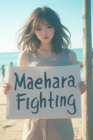 A girl is holding a poster with the words Maehara Fighting on the beach.,