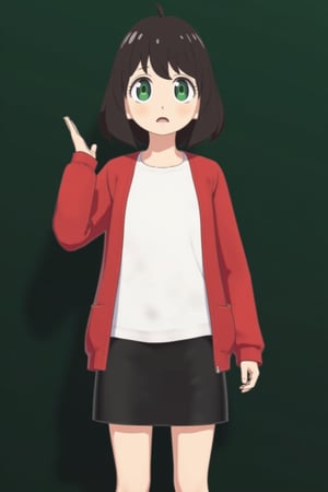 2D anime cartoon of an athletic woman, with very short hair and bangs, wearing casual and waving her hand. She has large eyes, an open mouth in surprise, and is wearing a white t-shirt, black skirt, and a red jacket, set against a dark green background. The character is facing the viewer from a frontal angle. Anime aesthetic in the style of A-idealism.,anya